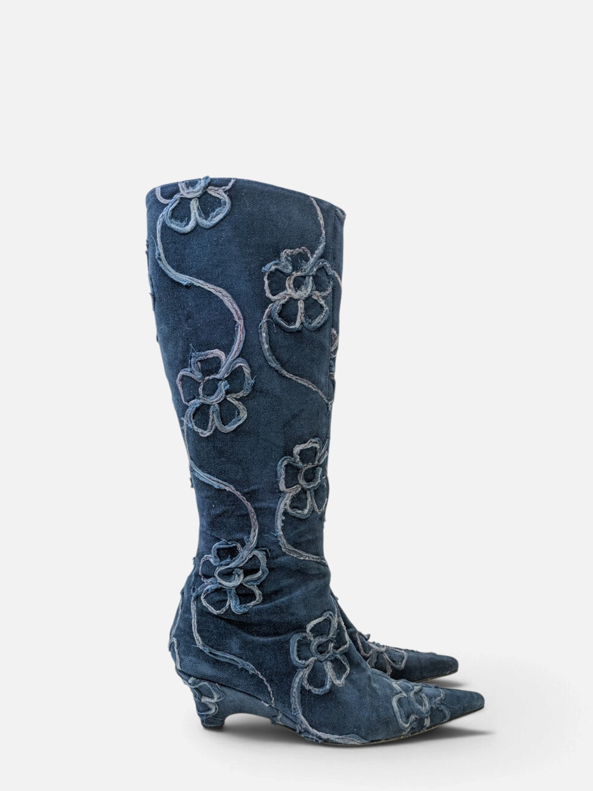 Floral embroidered low wedge knee-high boots (2000s)