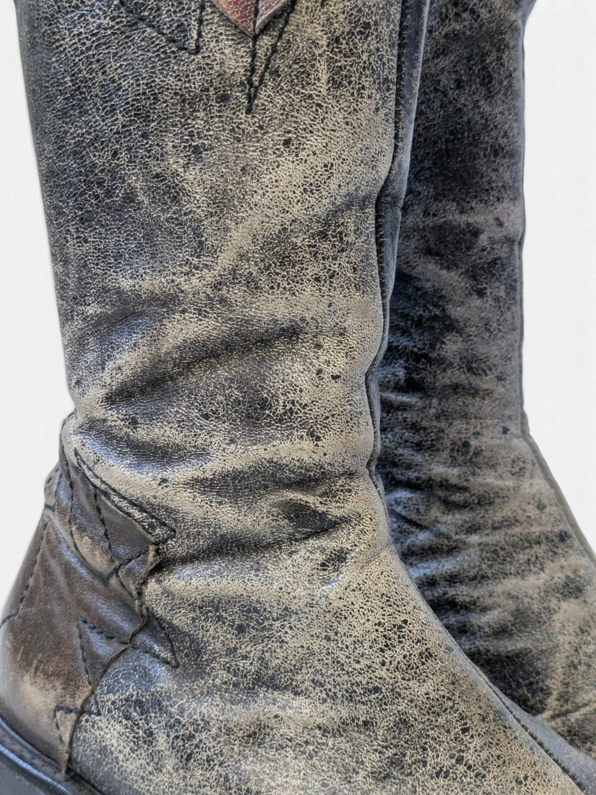 Spiral distressed leather/ patchwork high boots (2000s)