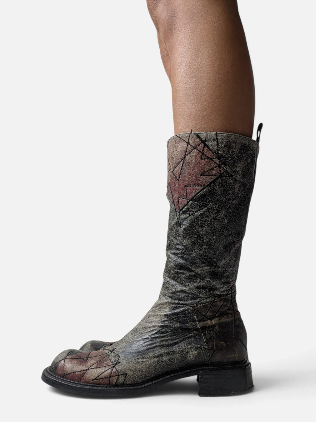 Spiral distressed leather/ patchwork high boots (2000s)