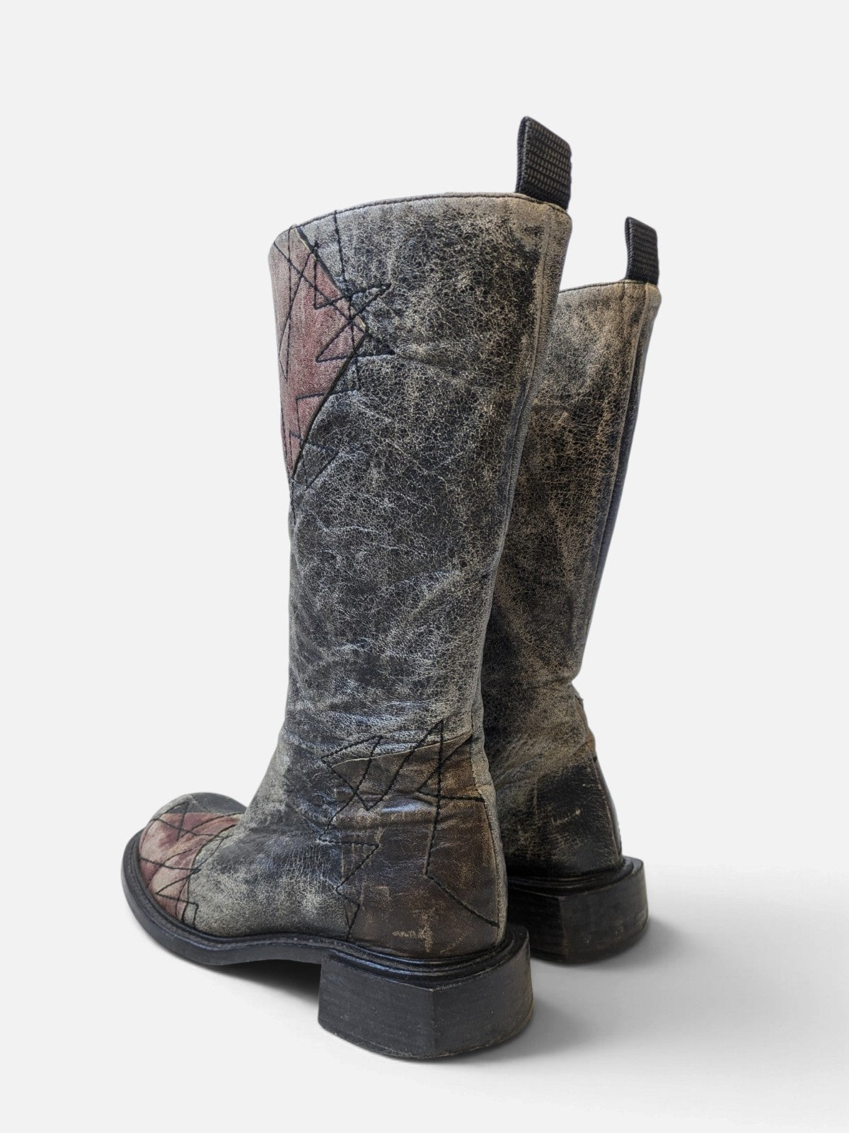 Spiral distressed leather/ patchwork high boots (2000s)