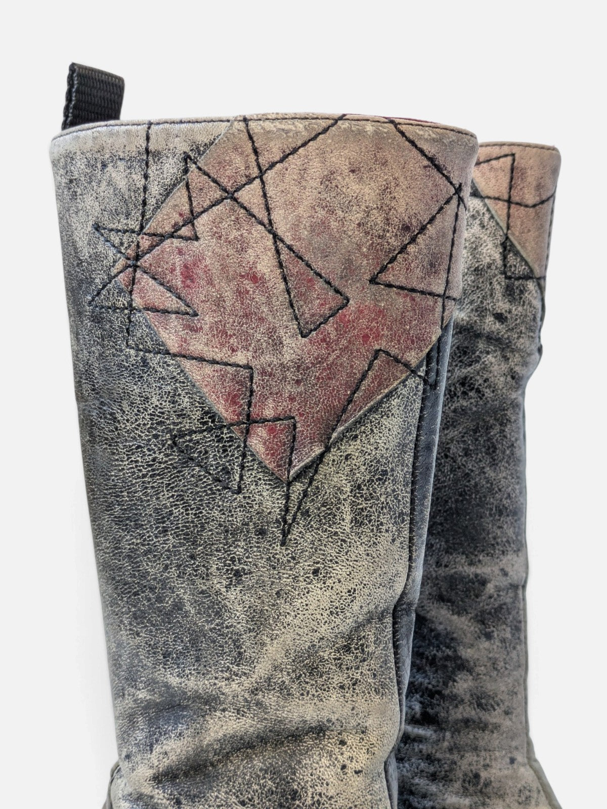 Spiral distressed leather/ patchwork high boots (2000s)