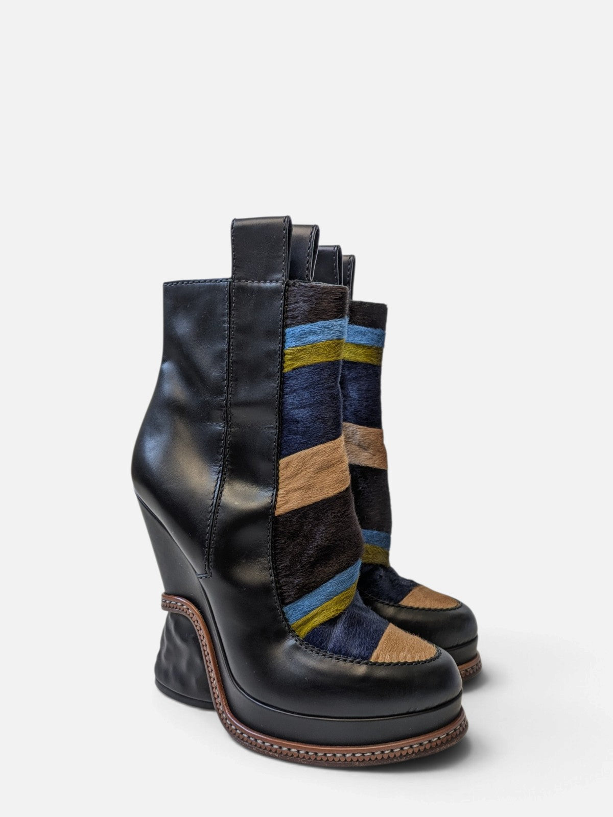 Fendi sculptural pony hair ankle wedge boots (FW 2015)