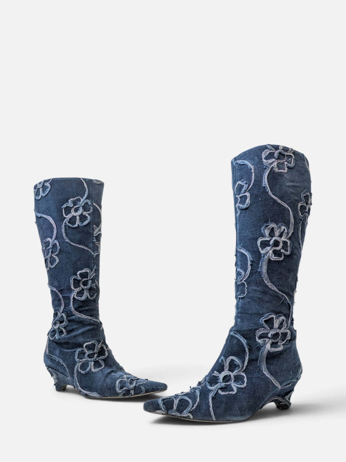 Floral embroidered low wedge knee-high boots (2000s)