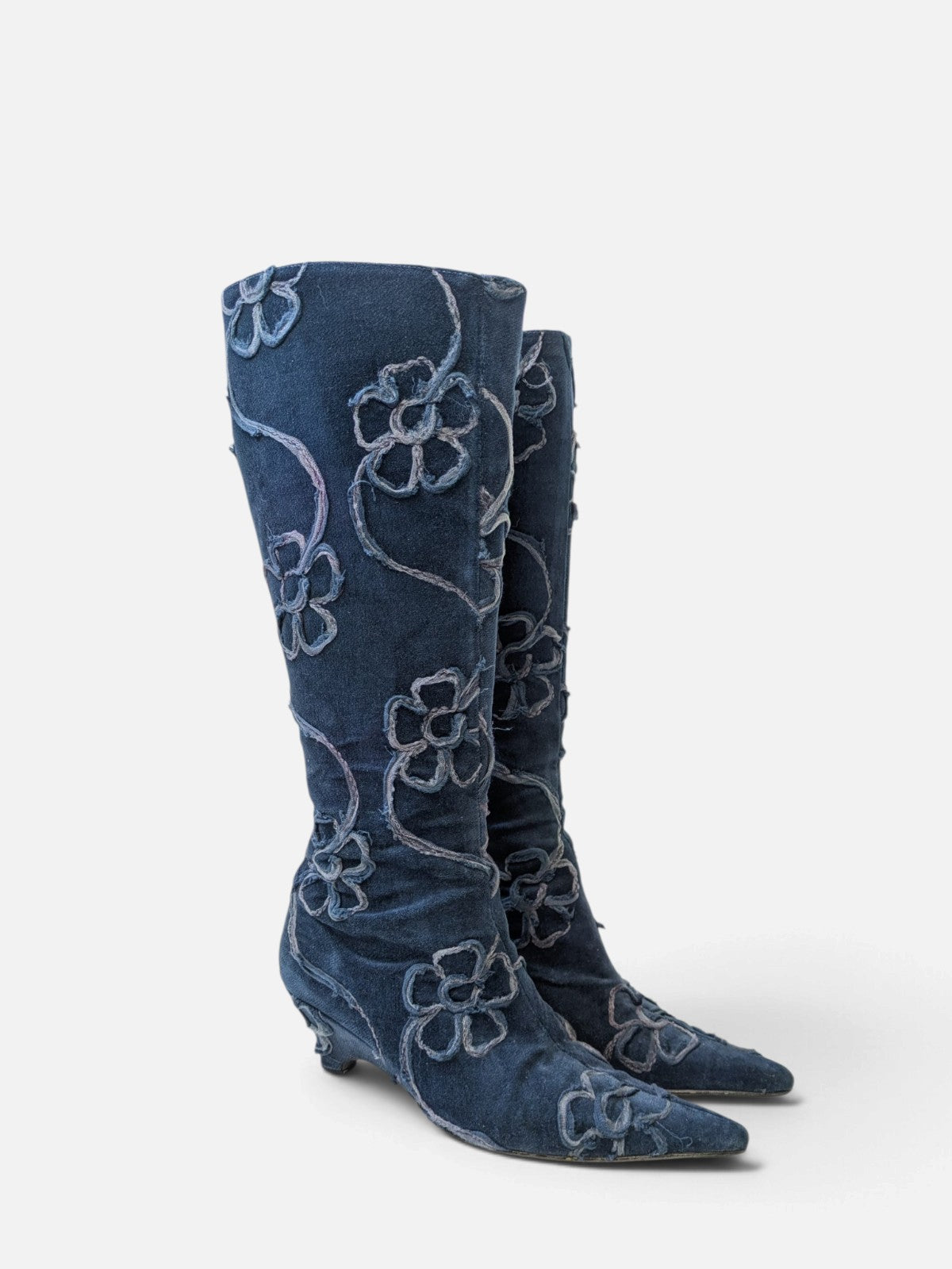 Floral embroidered low wedge knee-high boots (2000s)
