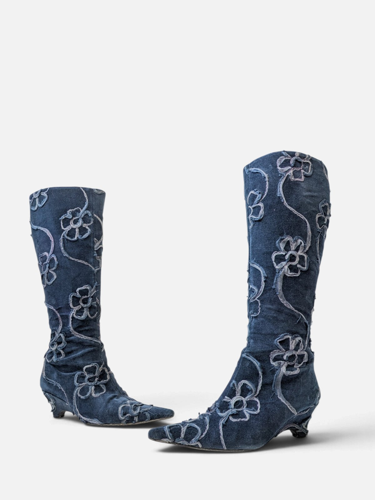 Floral embroidered low wedge knee-high boots (2000s)