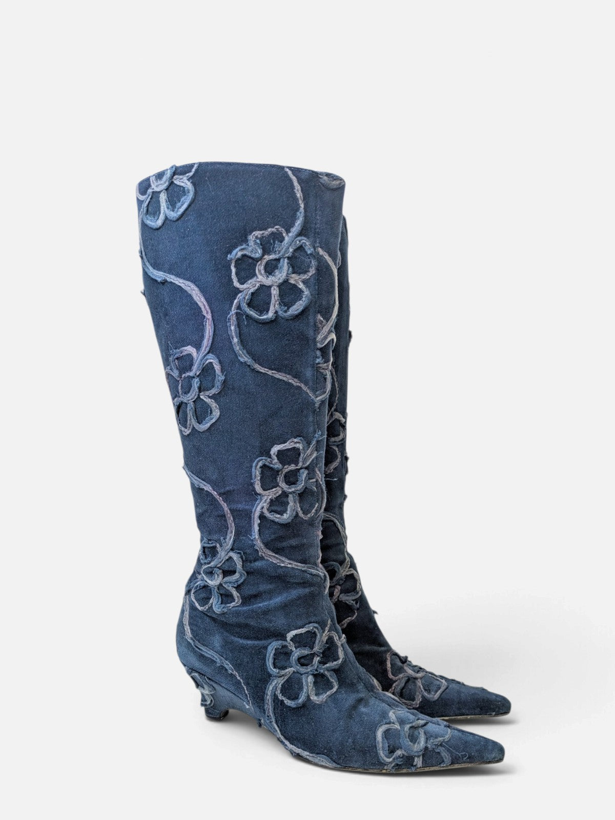 Floral embroidered low wedge knee-high boots (2000s)