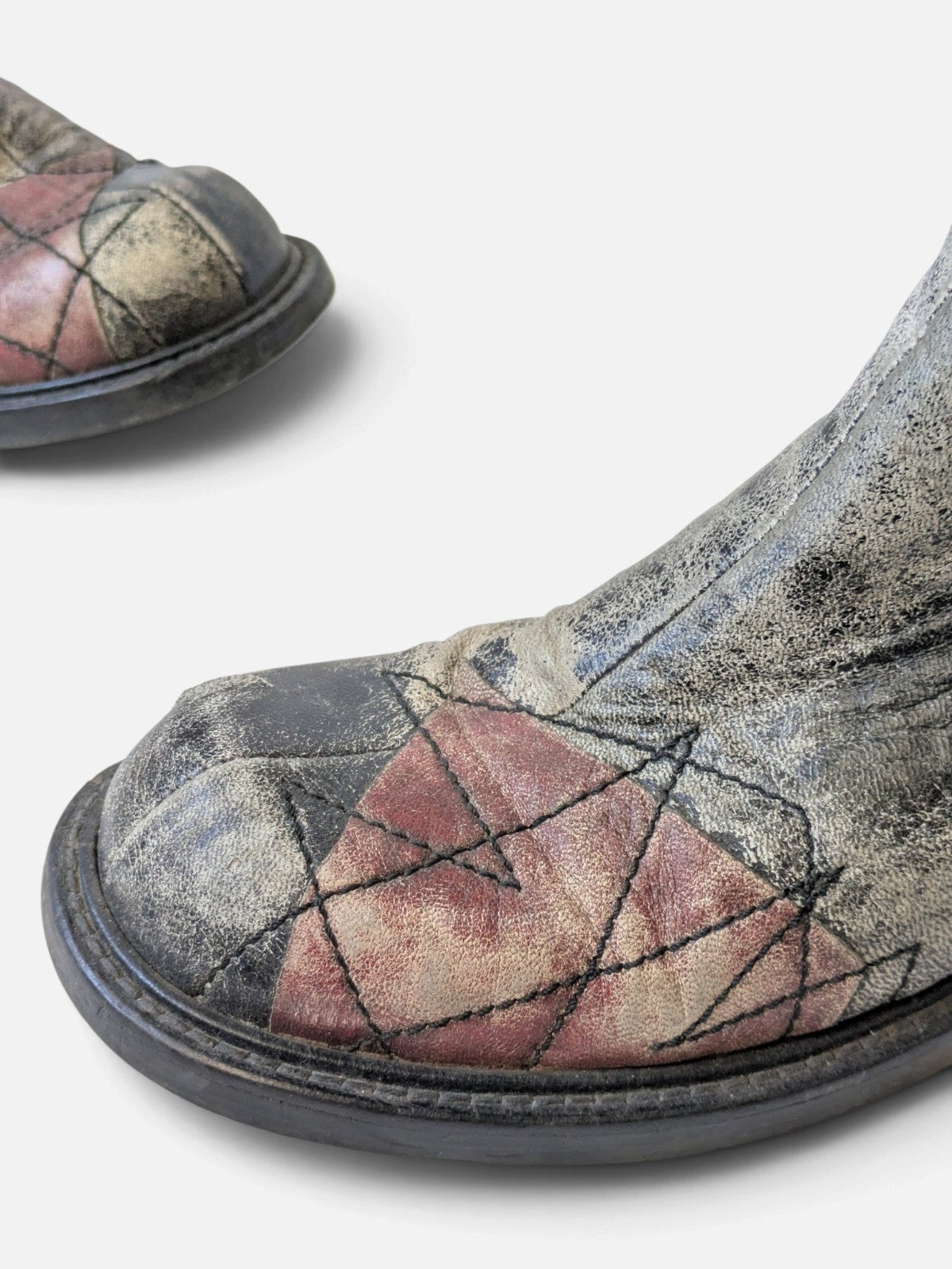 Spiral distressed leather/ patchwork high boots (2000s)