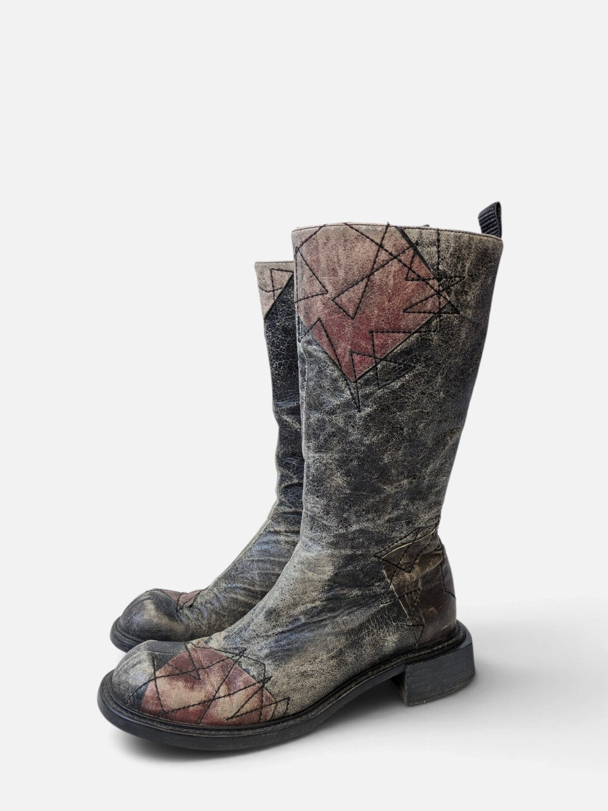 Spiral distressed leather/ patchwork high boots (2000s)