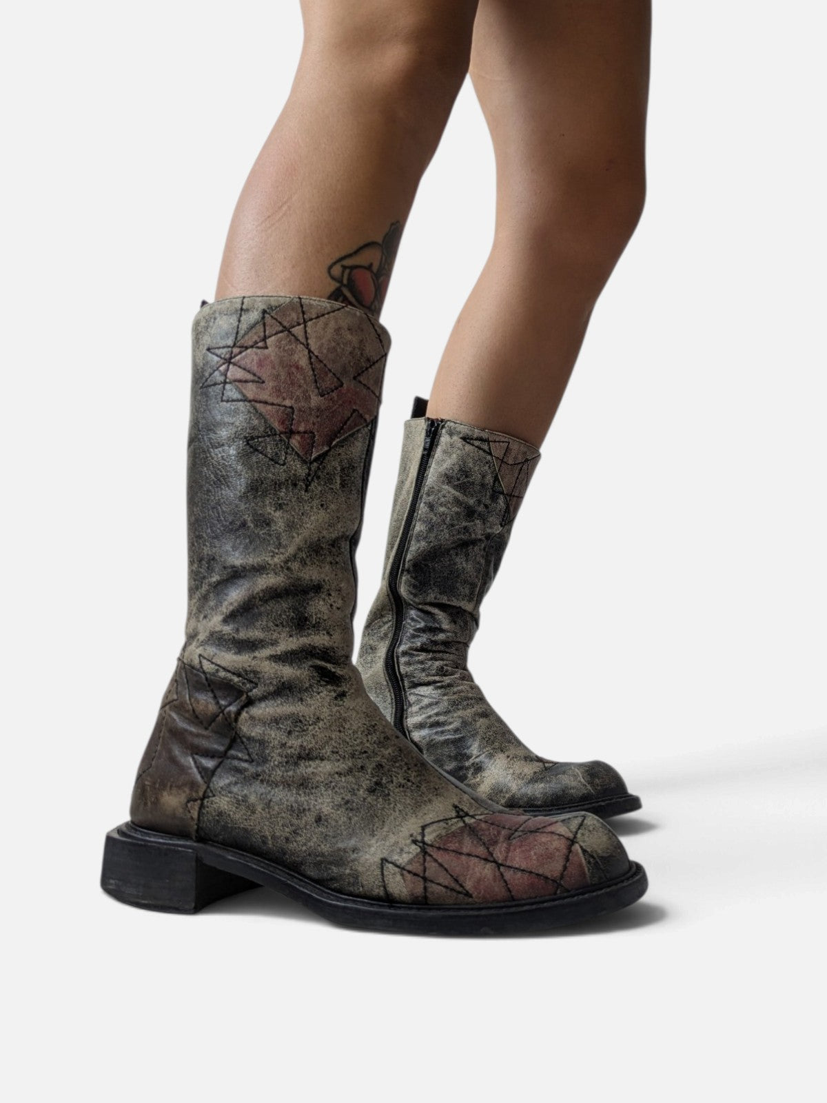 Spiral distressed leather/ patchwork high boots (2000s)
