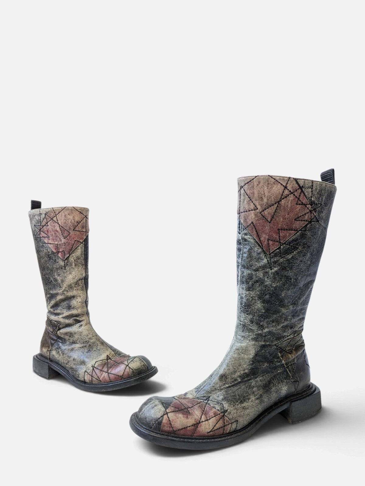 Spiral distressed leather/ patchwork high boots (2000s)